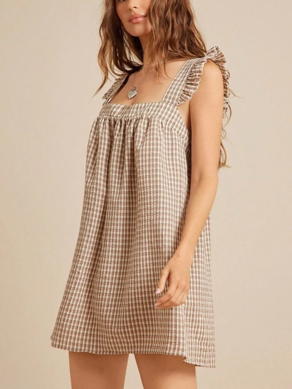 Ruffled Strap Gingham Sundress in Beige and White